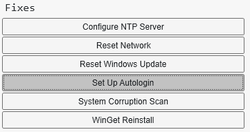 A screenshot of CTT WinUtil &lsquo;Config&rsquo; panel, which has the &lsquo;setup autologin&rsquo; options