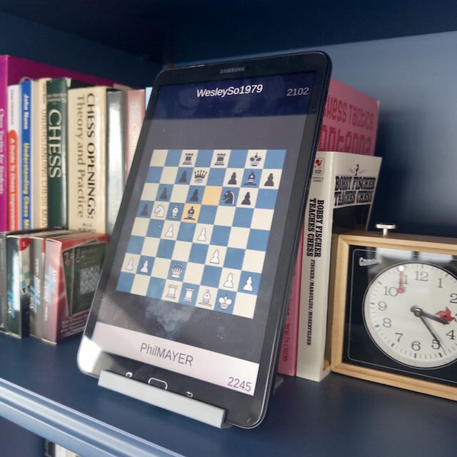 The finished project, installed on my Dad&rsquo;s shelf of chess things