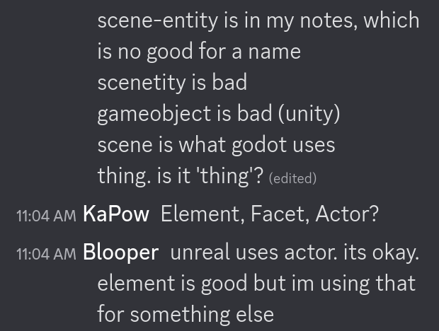 Discord Screenshot discussing what to call &ldquo;scene&rdquo;+&ldquo;entity&rdquo;