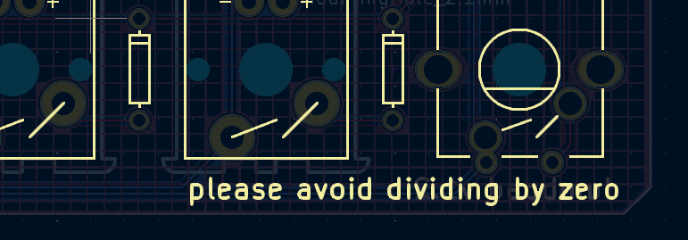A screenshot of the pcb front silkscreen design in KiCad with the text &ldquo;please avoid dividing by zero&rdquo; on it.